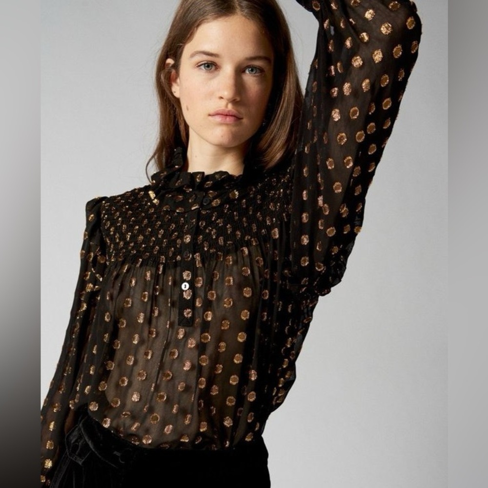 Antik Batik Nova Blouse Sz XS Sheer Blouse with Metallic Gold Dots NWOT